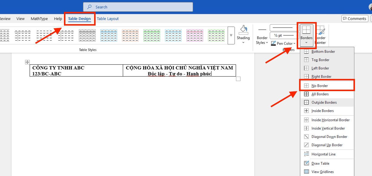 Cách viết Quốc hiệu Tiêu ngữ trong Word bằng phương pháp chèn bảng (Table)