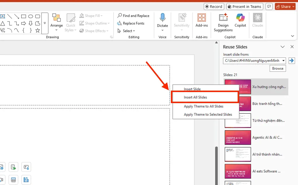 Cách mở file PowerPoint bị lỗi Repair bằng tính năng "Reuse Slides"