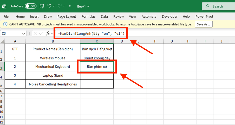 Tự tạo hàm dịch tiếng Anh trong Excel bằng mã VBA