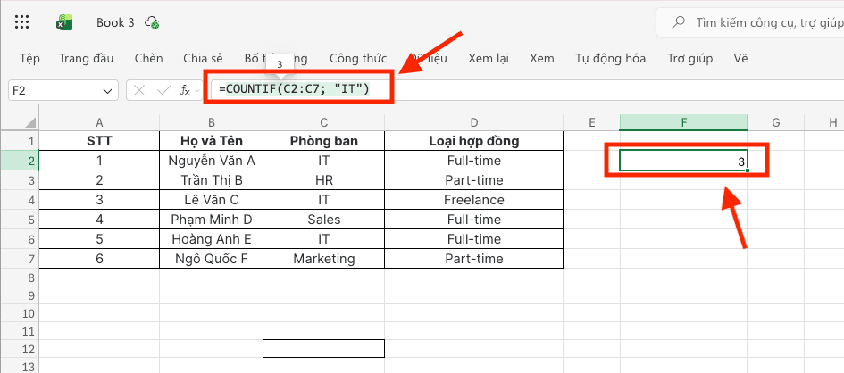 Thực hiện lệnh đếm với một điều kiện duy nhất (COUNTIF)