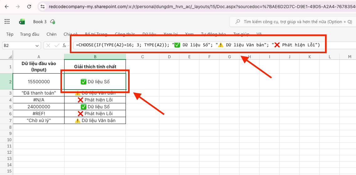 Kết hợp hàm CHOOSE và hàm TYPE trong Excel