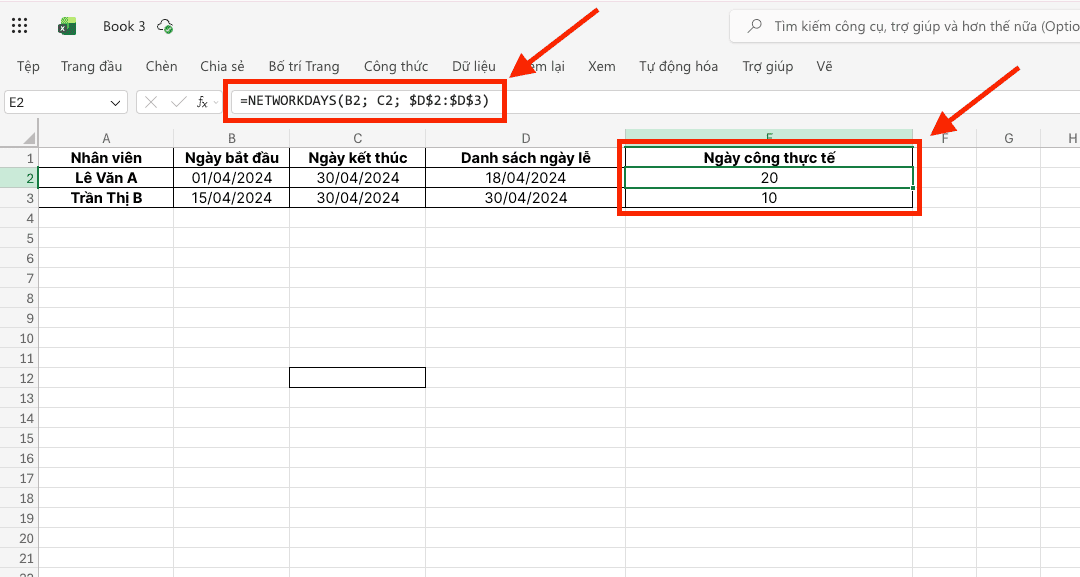 Hàm NETWORKDAYS – Tính toán ngày làm việc thực tế