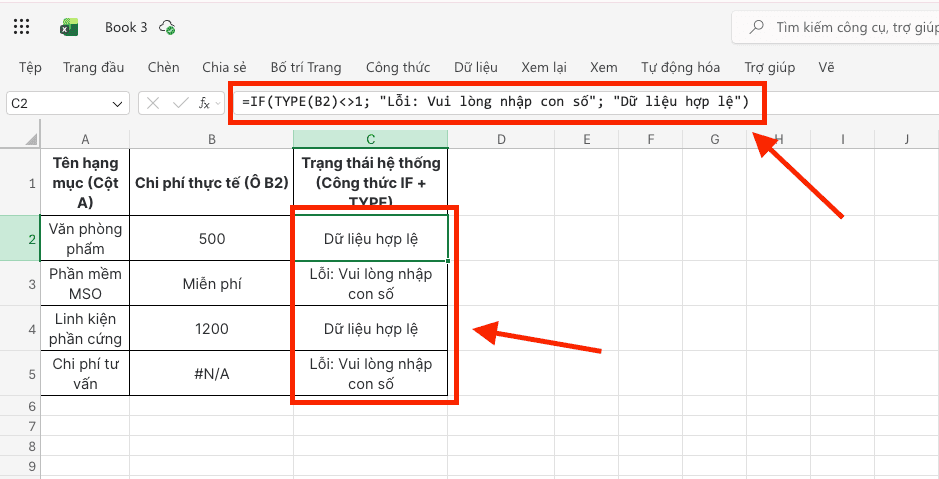 Kết hợp hàm IF và hàm Type trong Excel