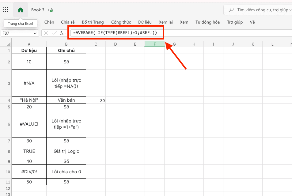 Kết hợp hàm SUM hoặc AVERAGE và hàm TYPE trong Excel