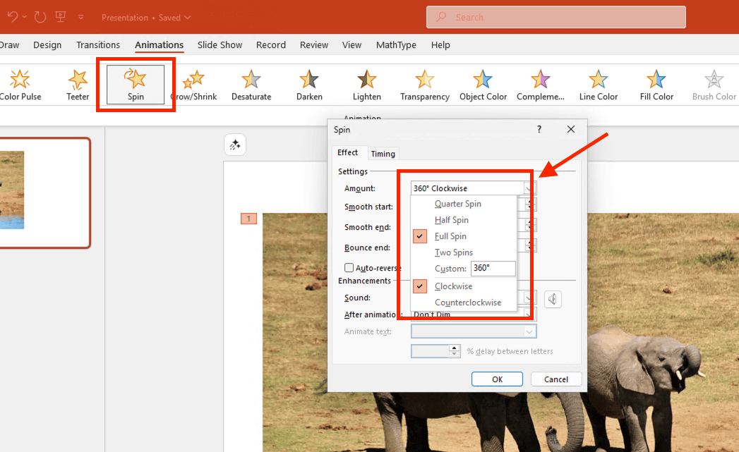 Tùy biến hướng và góc độ cho hiệu ứng xoay (Spin)