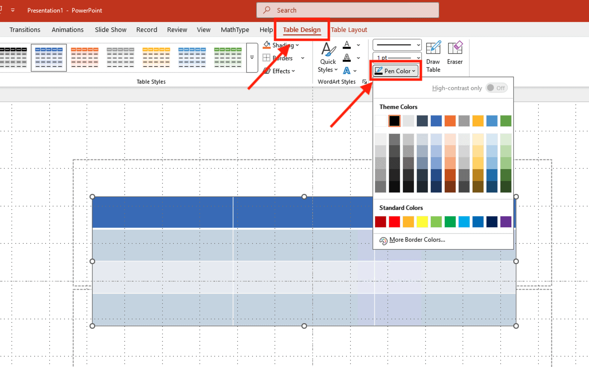 Cách đổi màu viền bảng trong PowerPoint bằng thẻ Table Design