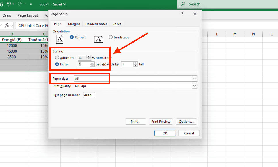 Cách in A5 trên giấy A4 trong Microsoft Excel