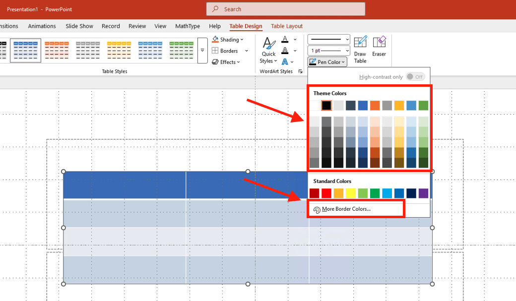 Cách đổi màu viền bảng trong PowerPoint bằng thẻ Table Design