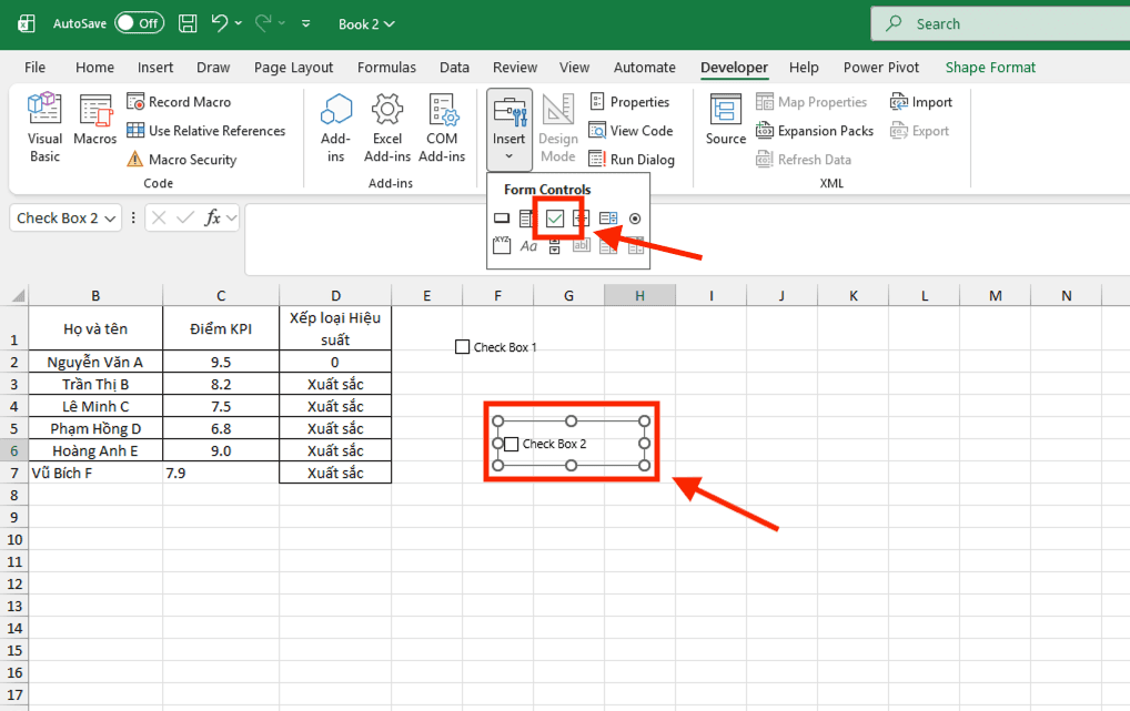 Tạo Checkbox trong Excel bằng Form Controls