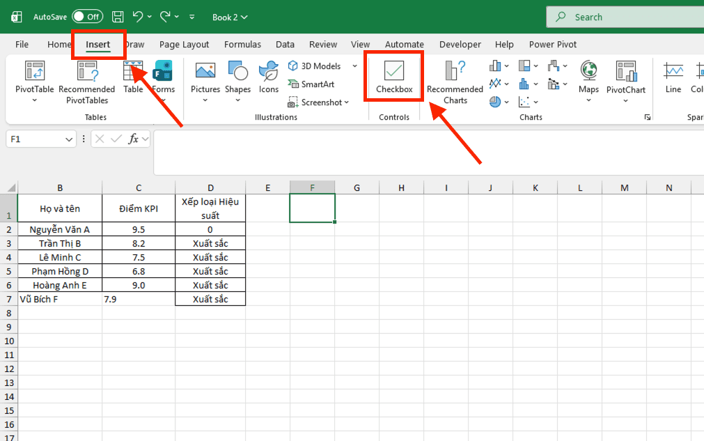Tạo hộp kiểm trong Excel bằng tính năng Insert (Microsoft 365)