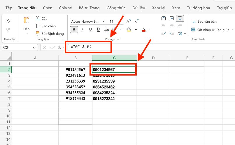 Sử dụng toán tử nối chuỗi (&) để thêm số 0