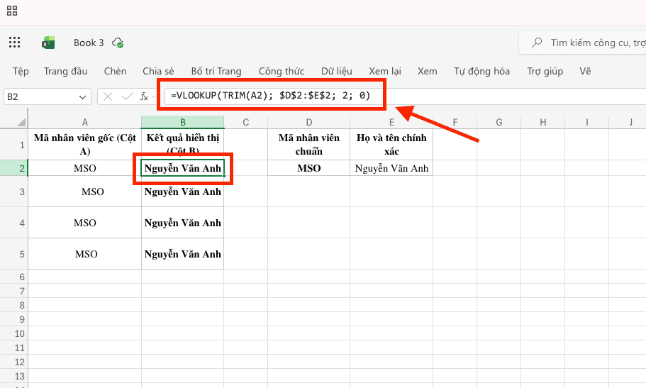 Cách khắc phục lỗi VLOOKUP #N/A bằng hàm TRIM trong Excel