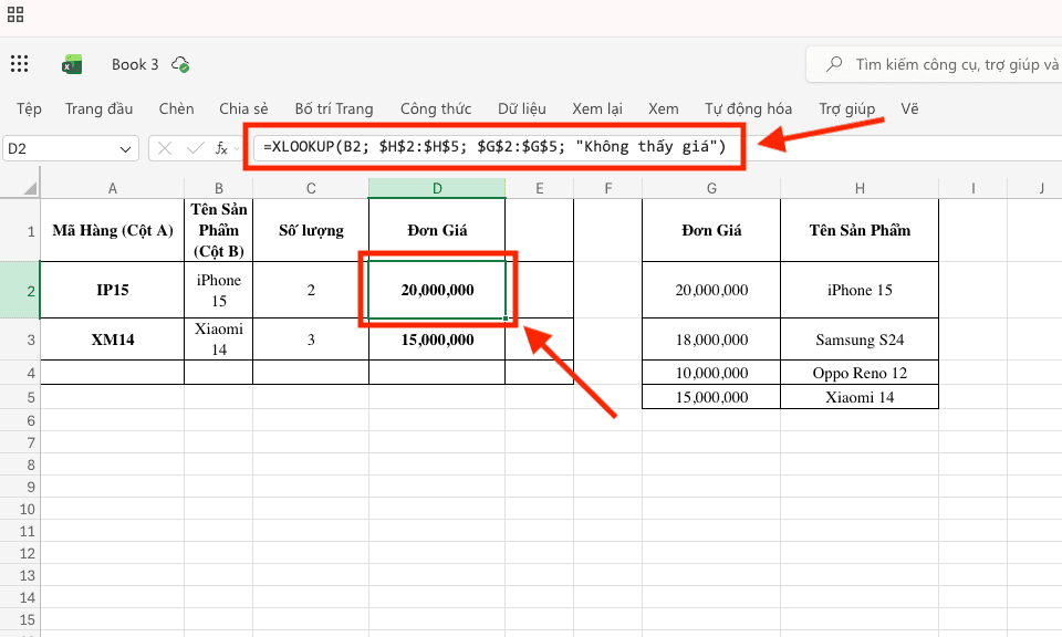 Cách tính đơn giá trong Excel bằng hàm XLOOKUP hiện đại