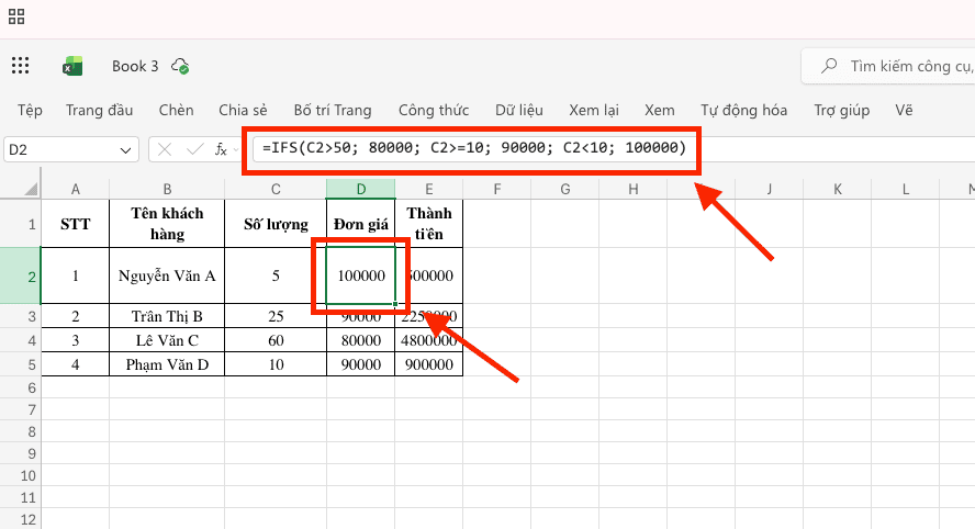 Cách tính đơn giá trong Excel kết hợp nhiều điều kiện (IF/IFS)