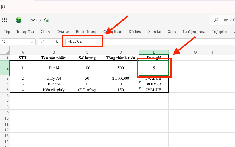 Cách tính đơn giá trong Excel bằng phép chia cơ bản