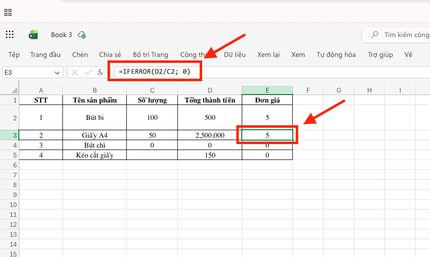 Cách tính đơn giá trong Excel bằng phép chia cơ bản