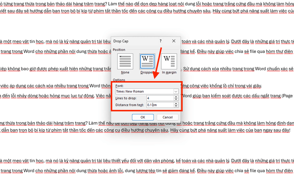 Cách tùy chỉnh thông số Drop Cap trong Word chuyên sâu