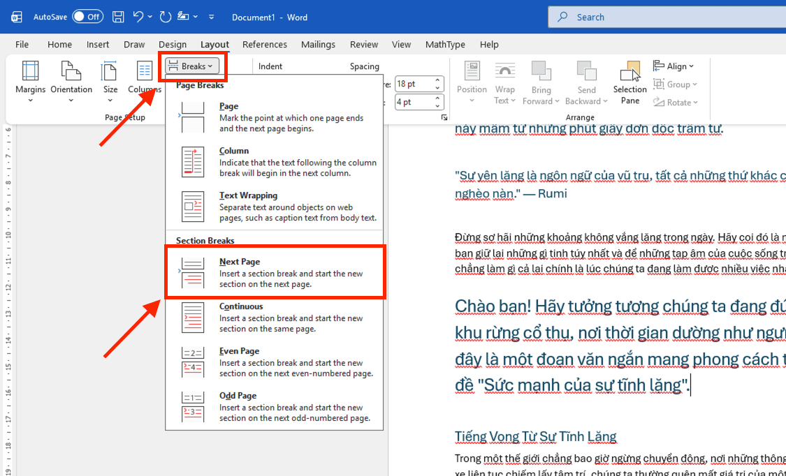 Cách ngắt vùng (Section Break) dựa trên trang hiện tại