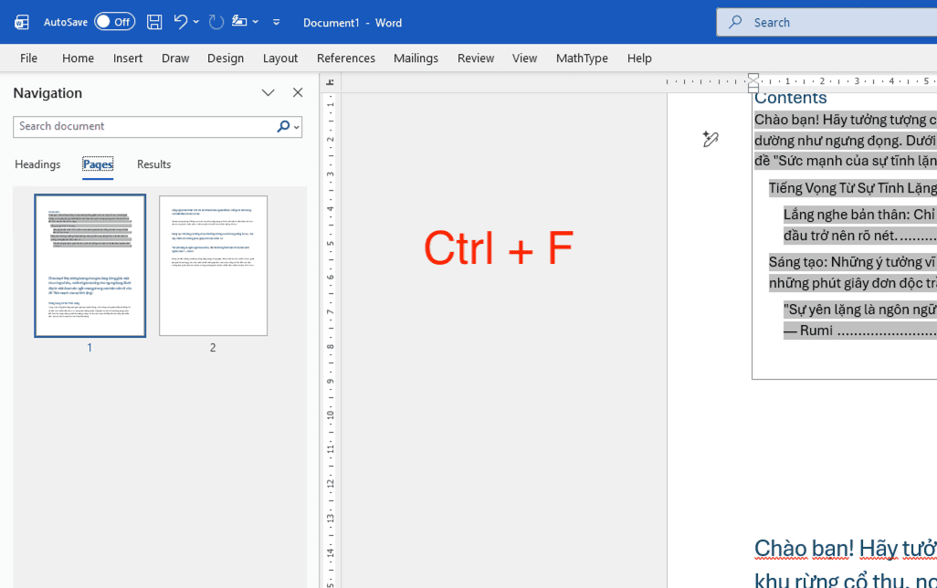 Sử dụng công cụ điều hướng Navigation Pane (Ctrl + F)