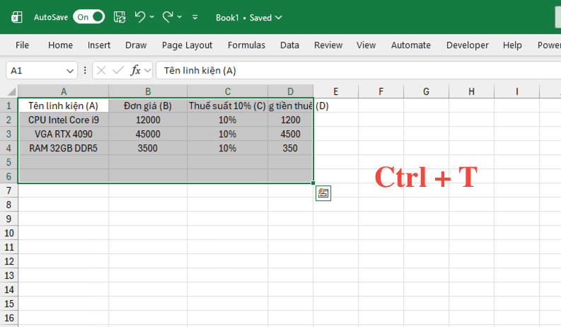 Sử dụng tính năng bảng chuẩn Excel Table (Ctrl + T)