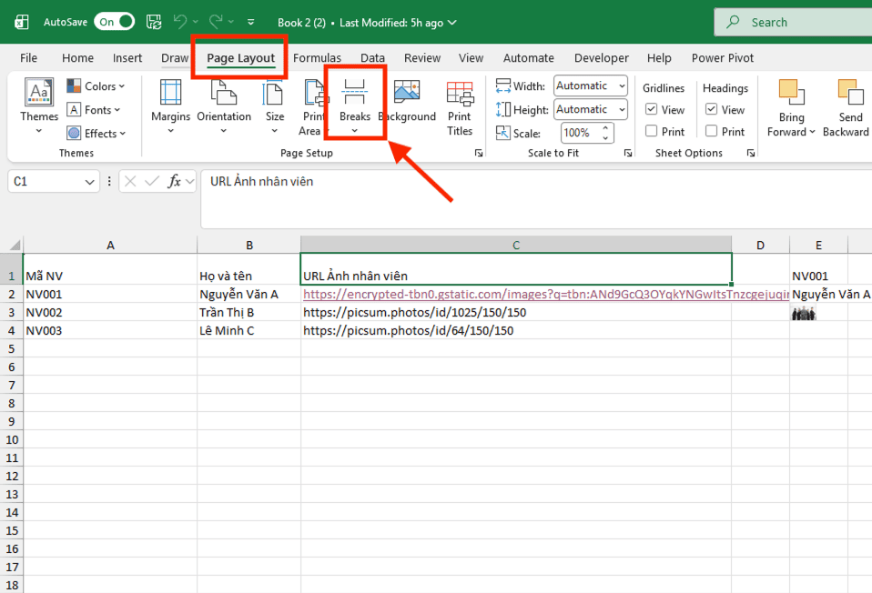Chèn dấu ngắt trang thủ công bằng thẻ Page Layout