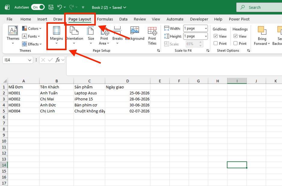 Căn lề trong Excel qua thẻ Page Layout