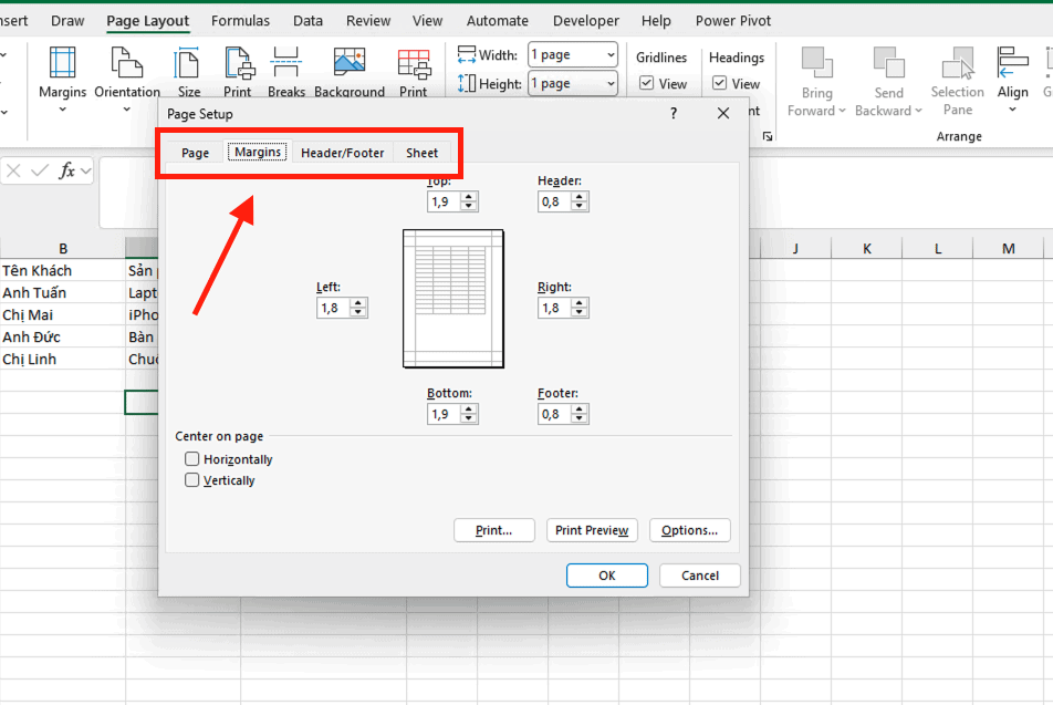 Căn lề trong Excel để in ấn chuyên nghiệp qua hộp thoại Page Setup