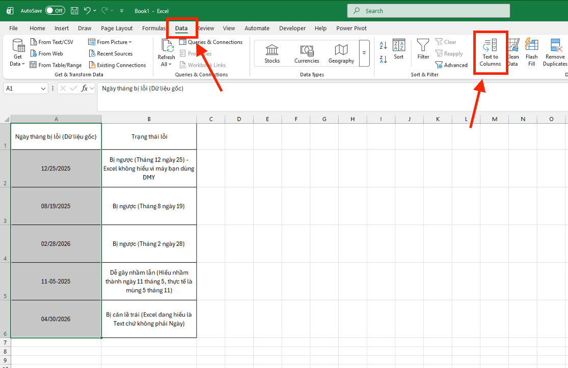 Sử dụng Text to Columns để sửa lỗi định dạng ngày tháng trong Excel hàng loạt