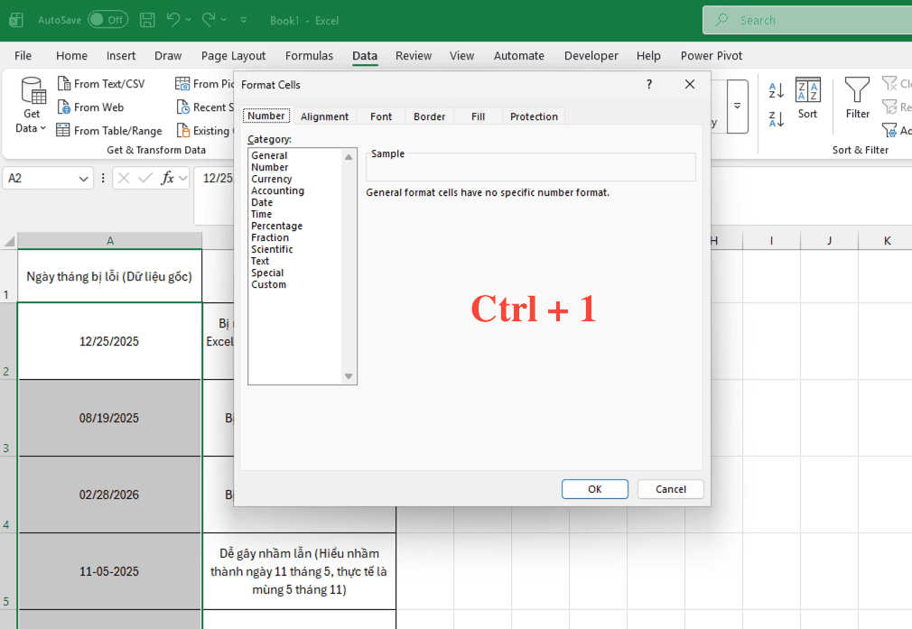 Cách sửa lỗi định dạng ngày tháng trong Excel bằng công cụ Format Cells
