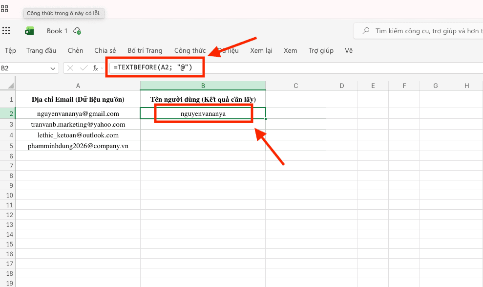 Các bước thực hiện sử dụng hàm TEXTBEFORE trong Excel cơ bản