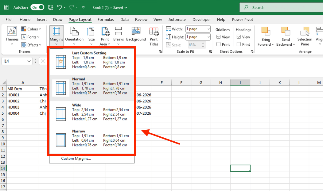 Căn lề trong Excel qua thẻ Page Layout