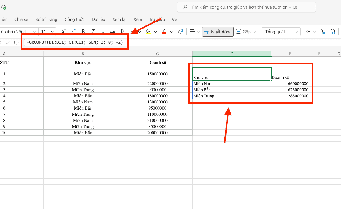 Sử dụng hàm GROUPBY trong Excel để lập báo cáo