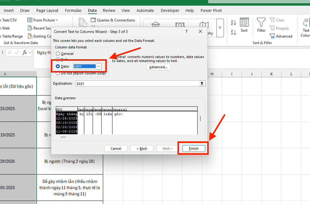Sử dụng Text to Columns để sửa lỗi định dạng ngày tháng trong Excel hàng loạt