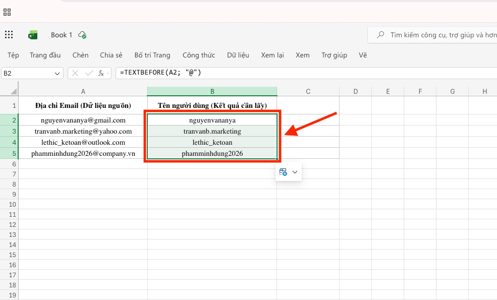 Các bước thực hiện sử dụng hàm TEXTBEFORE trong Excel cơ bản