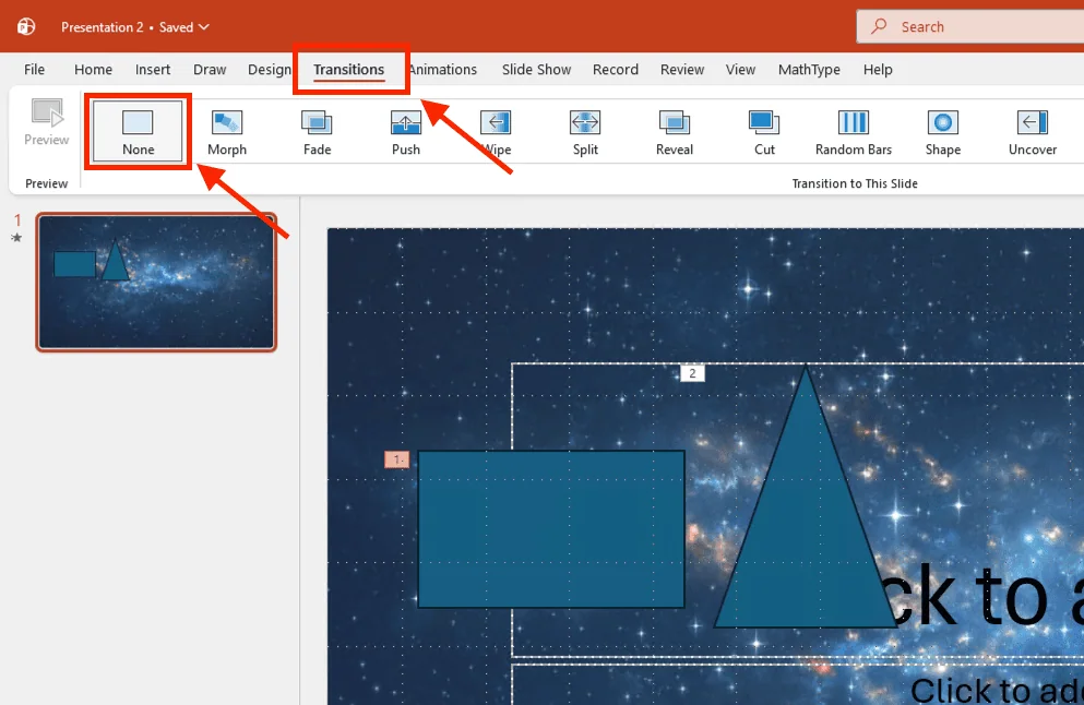 Xóa hiệu ứng trong PowerPoint đối với phần chuyển trang (Transitions)
