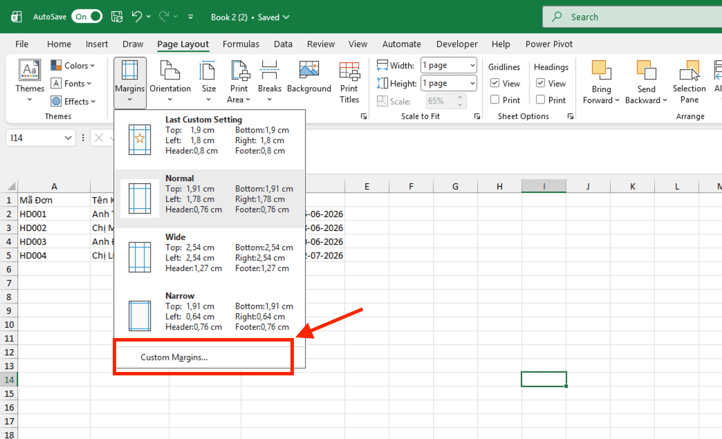 Căn lề trong Excel qua thẻ Page Layout