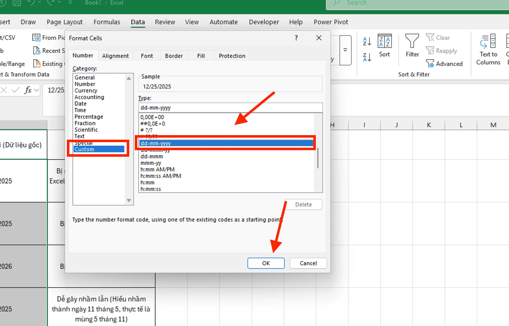 Cách sửa lỗi định dạng ngày tháng trong Excel bằng công cụ Format Cells