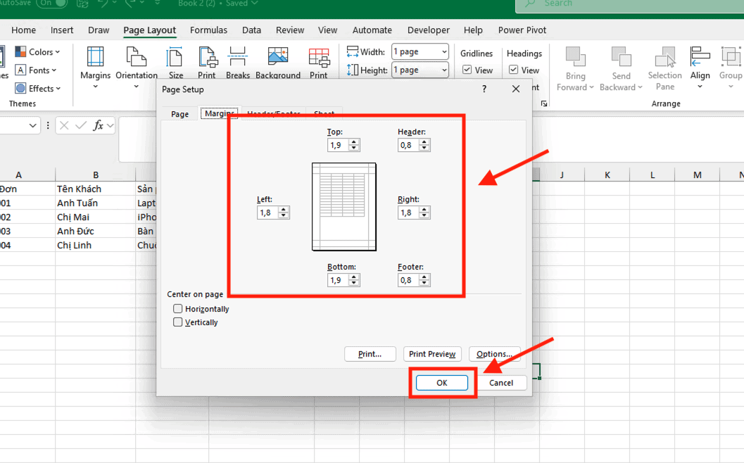 Căn lề trong Excel qua thẻ Page Layout