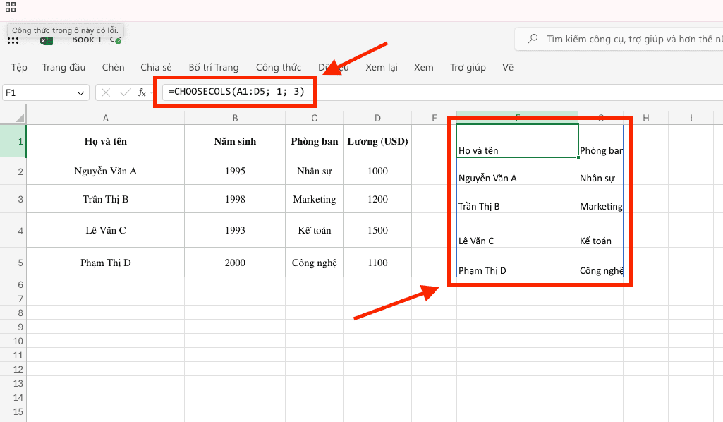 Sử dụng hàm CHOOSECOLS trong Excel cơ bản
