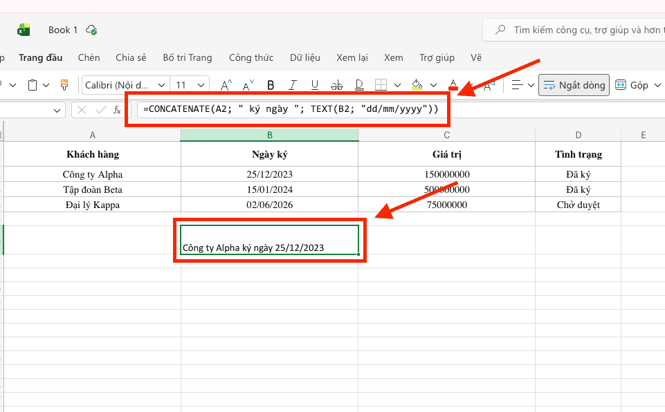 Cách nối chuỗi chứa định dạng Ngày tháng và Số trong Excel