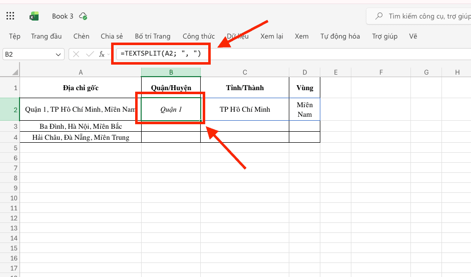Cách tách chữ trong Excel bằng hàm mảng TEXTSPLIT (Microsoft 365)