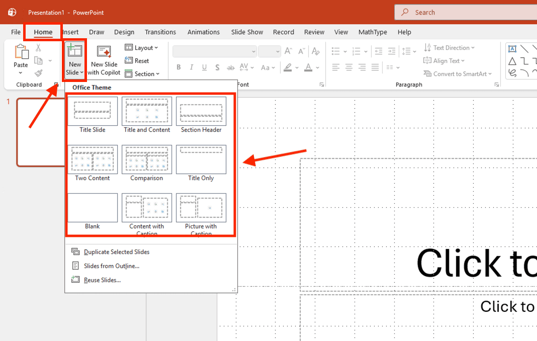 Chèn thêm slide trong PowerPoint bằng thẻ Home hoặc Insert