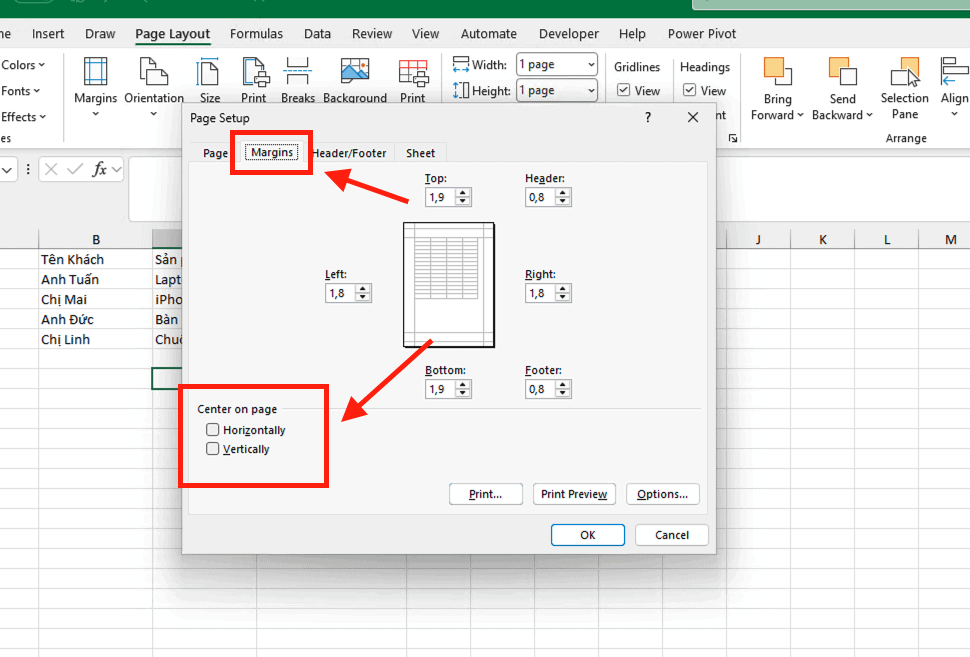 Căn lề trong Excel để nội dung nằm chính giữa trang giấy