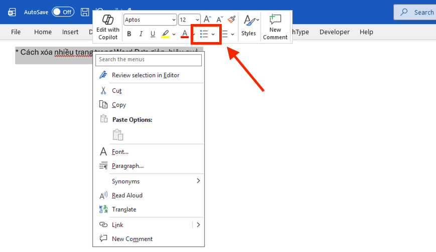 Sử dụng thanh công cụ nhanh (Mini Toolbar)