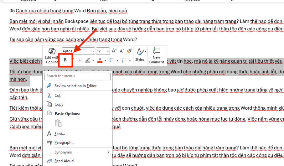 Sử dụng thanh công cụ nhanh (Mini Toolbar)