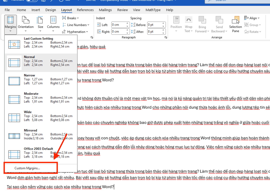 Cấu hình lề giấy (Margins) phục vụ đóng lò xo