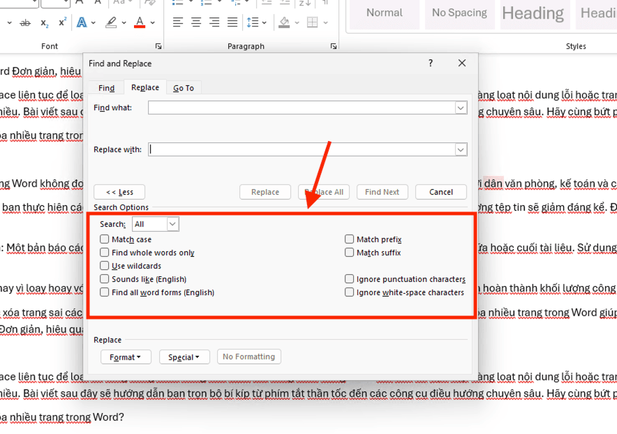 Kỹ thuật thay thế từ trong Word nâng cao với "More Options"