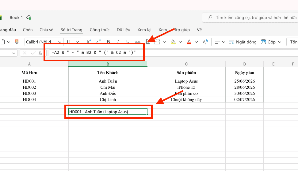 Sử dụng toán tử "&" để thay thế hàm CONCATENATE trong Excel