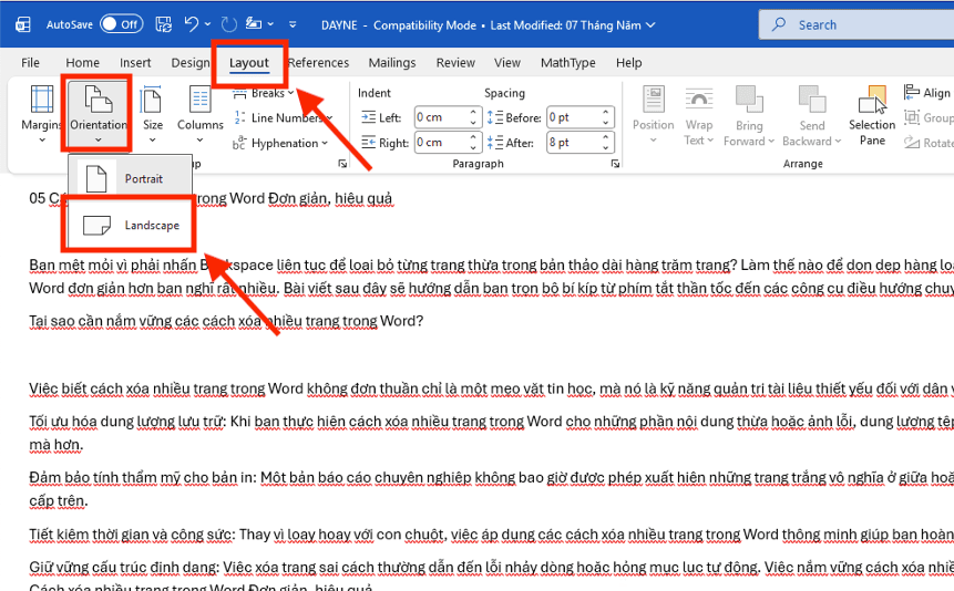 Thiết lập kích thước và hướng giấy (Orientation)