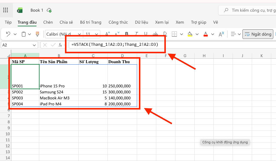 Sử dụng hàm VSTACK trong Excel cơ bản
